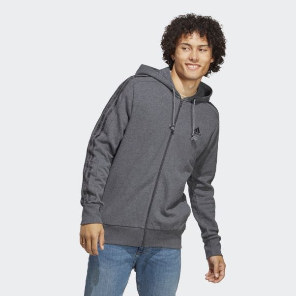 Sweat à Capuche Gris Foncé Chiné Adidas Essentials French Terry 3-stripes Full-zip