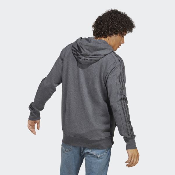 Sweat à Capuche Gris Foncé Chiné Adidas Essentials French Terry 3-stripes Full-zip