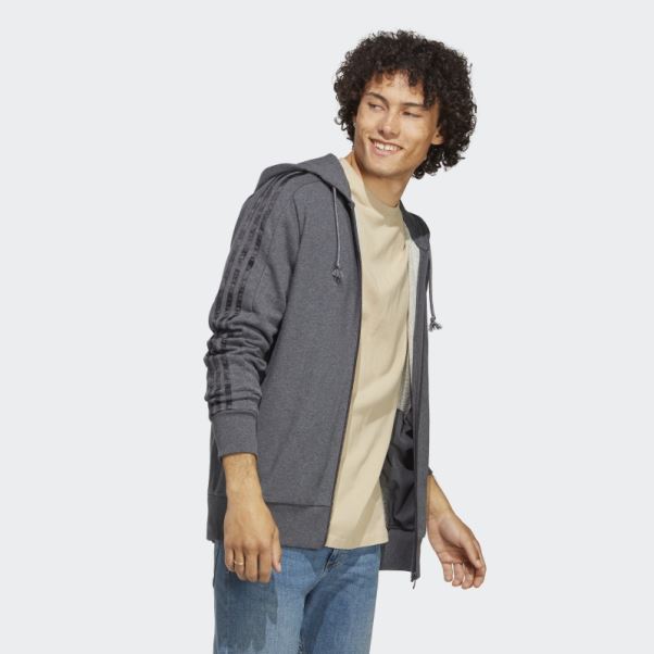 Sweat à Capuche Gris Foncé Chiné Adidas Essentials French Terry 3-stripes Full-zip