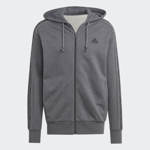 Sweat à Capuche Gris Foncé Chiné Adidas Essentials French Terry 3-stripes Full-zip