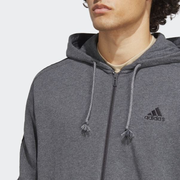 Sweat à Capuche Gris Foncé Chiné Adidas Essentials French Terry 3-stripes Full-zip
