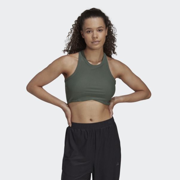 Adidas Yoga Studio Débardeur Côtelé Enveloppé Vert Oxyde