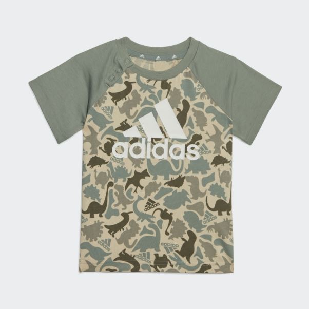 Adidas Ensemble T-shirt Et Short Imprimé Dino Camo Vert Argenté