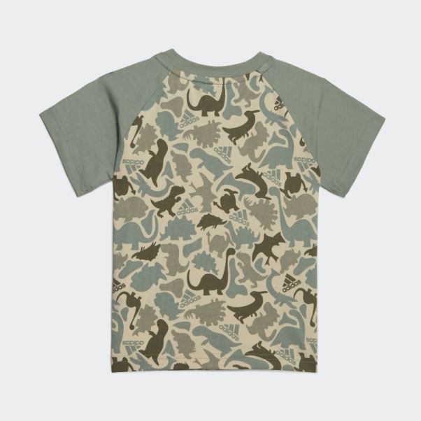 Adidas Ensemble T-shirt Et Short Imprimé Dino Camo Vert Argenté