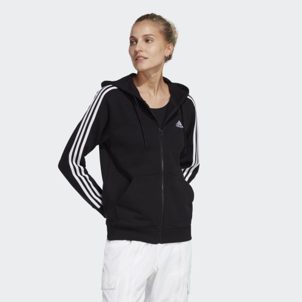 Sweat à Capuche Zippé Intégral Adidas Essentials 3-stripes En Tissu éponge Noir