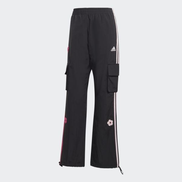 Adidas Pantalon Cargo Noir à 3 Bandes Avec Patchs De Fleurs En Chenille