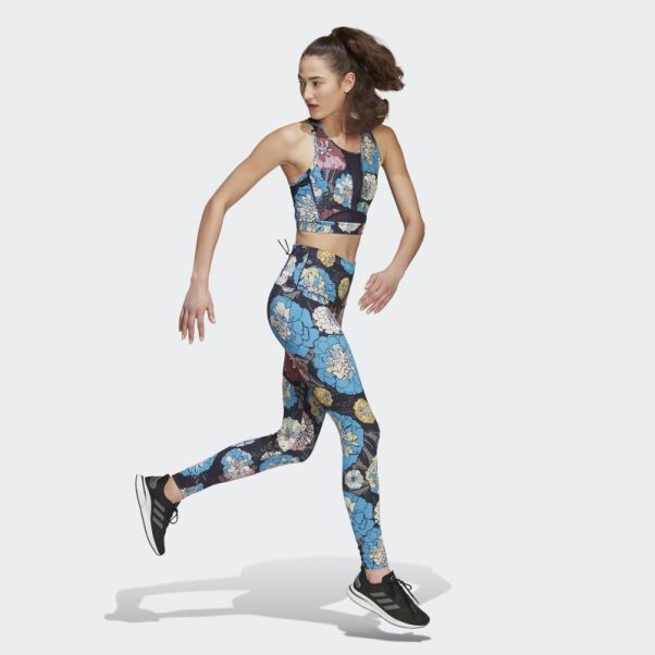Leggings De Course à Fleurs Adidas Craft Bleu