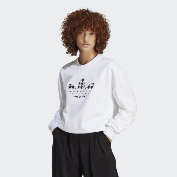 Sweat Adidas Pied De Poule Trefoil Infill Graphique Manches Longues Blanc