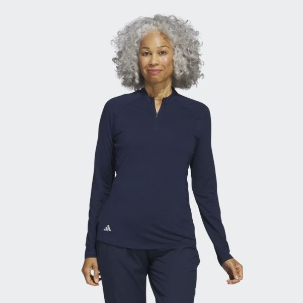 Polo De Golf Adidas Bleu Marine à Manches Longues Et Zip Quart De Tour