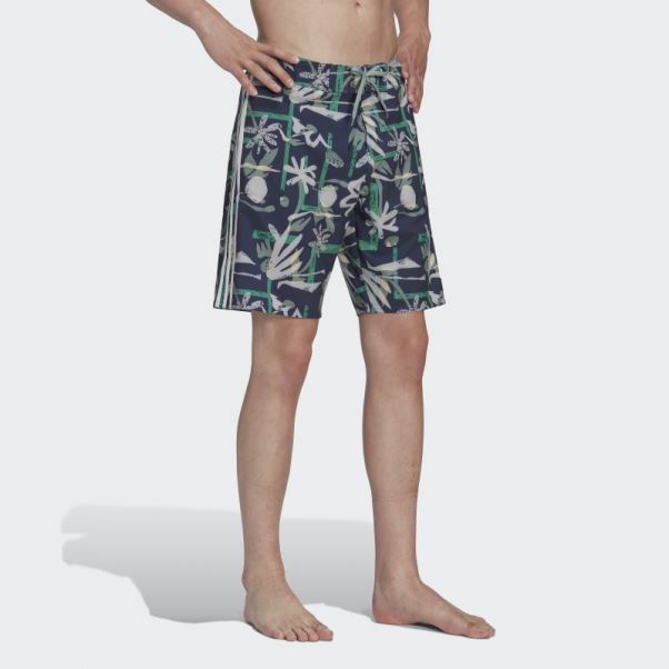 Adidas Bleu Marine Short De Plage Technique Fleuri Saisonnier