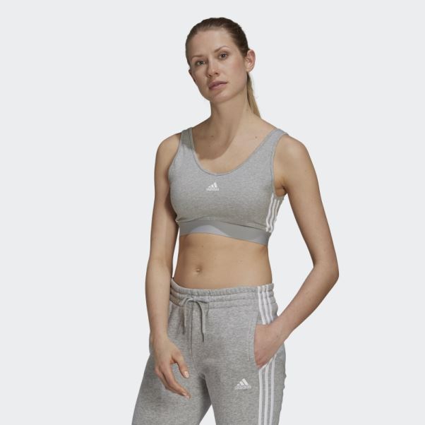 Crop Top Adidas Essentials 3 Bandes Gris Moyen Avec Coussinets Amovibles