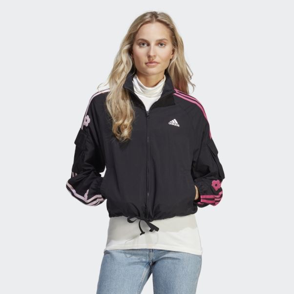 Veste Légère Adidas Noire à 3 Bandes Avec Patchs De Fleurs En Chenille