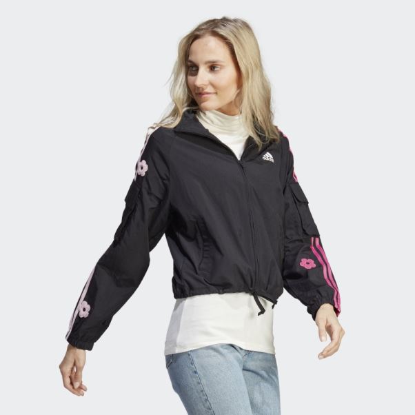 Veste Légère Adidas Noire à 3 Bandes Avec Patchs De Fleurs En Chenille