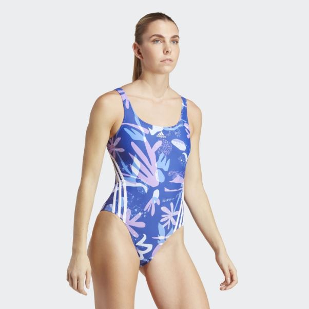 Maillot De Bain 3 Bandes Adidas Bleu Fleuri