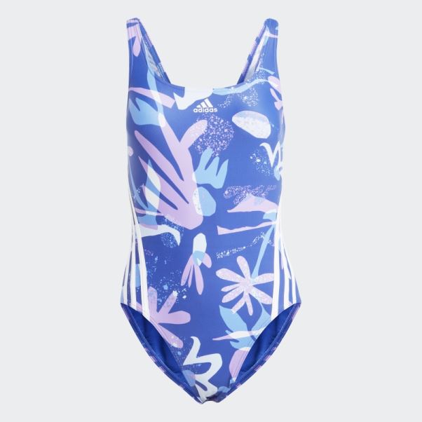 Maillot De Bain 3 Bandes Adidas Bleu Fleuri