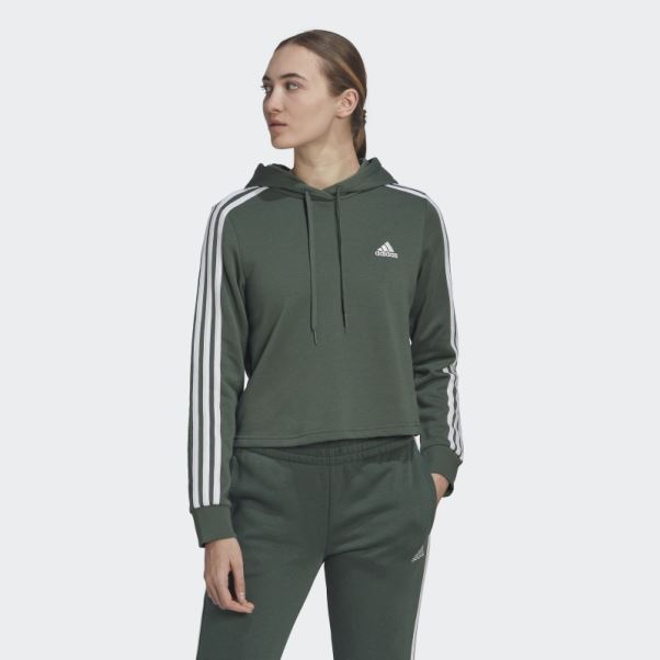 Sweat à Capuche Court à 3 Bandes Adidas Essentials Vert Oxyde