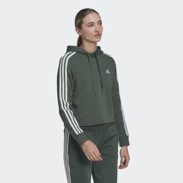 Sweat à Capuche Court à 3 Bandes Adidas Essentials Vert Oxyde