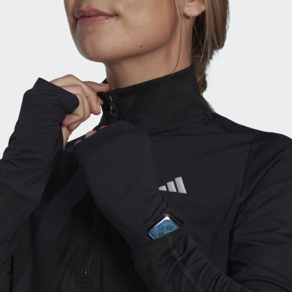 Top Noir Adidas Fast Running Demi-zip Manches Longues