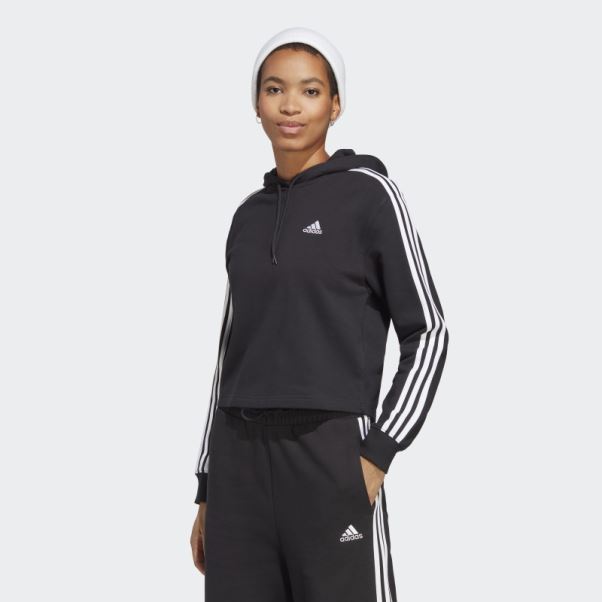 Sweat à Capuche Court éponge 3 Bandes Essentials Noir Adidas