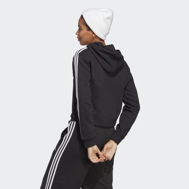 Sweat à Capuche Court éponge 3 Bandes Essentials Noir Adidas