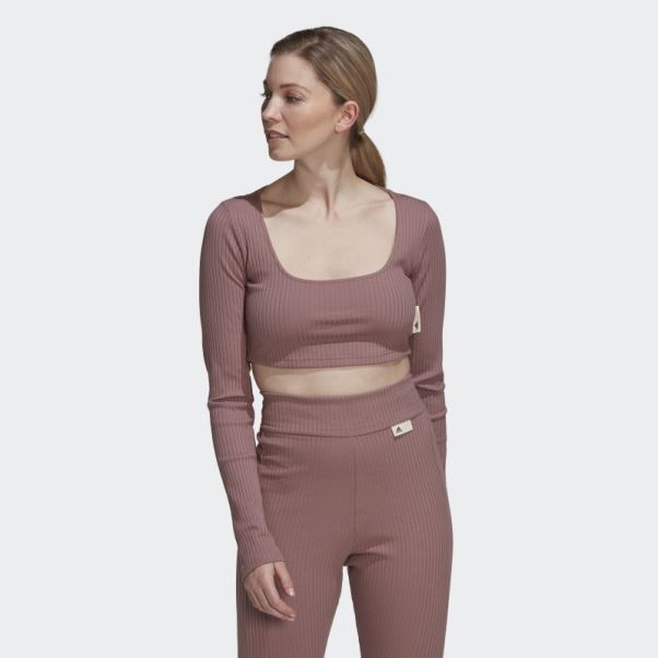 Adidas Studio Lounge T-shirt Court Côtelé à Manches Longues Violet