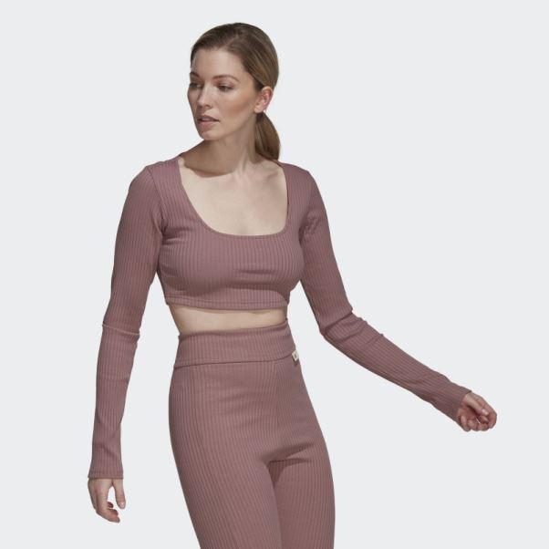 Adidas Studio Lounge T-shirt Court Côtelé à Manches Longues Violet