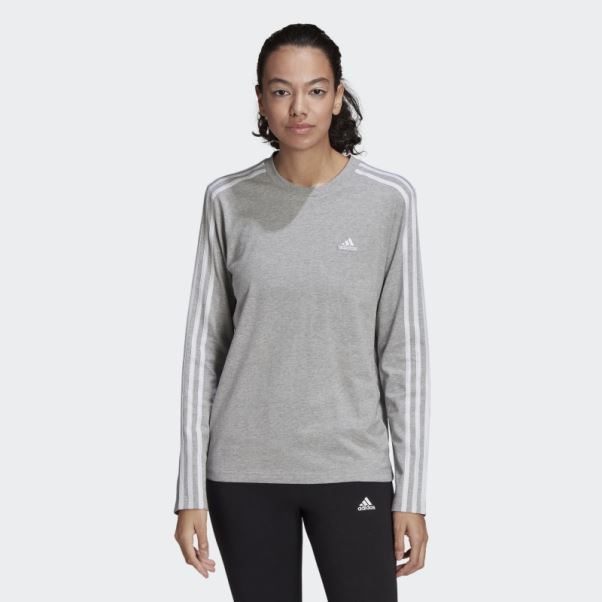 Tee Shirt Manches Longues 3 Bandes Essentials Adidas Gris Moyen