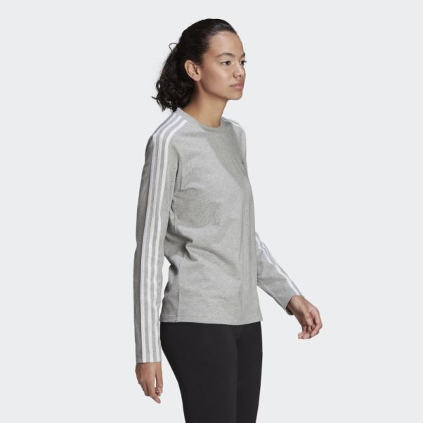 Tee Shirt Manches Longues 3 Bandes Essentials Adidas Gris Moyen
