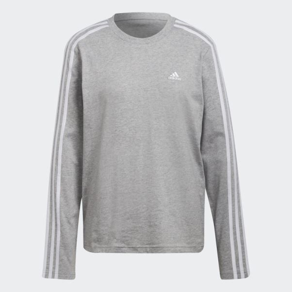 Tee Shirt Manches Longues 3 Bandes Essentials Adidas Gris Moyen