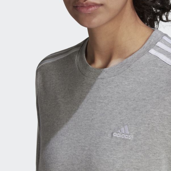 Tee Shirt Manches Longues 3 Bandes Essentials Adidas Gris Moyen