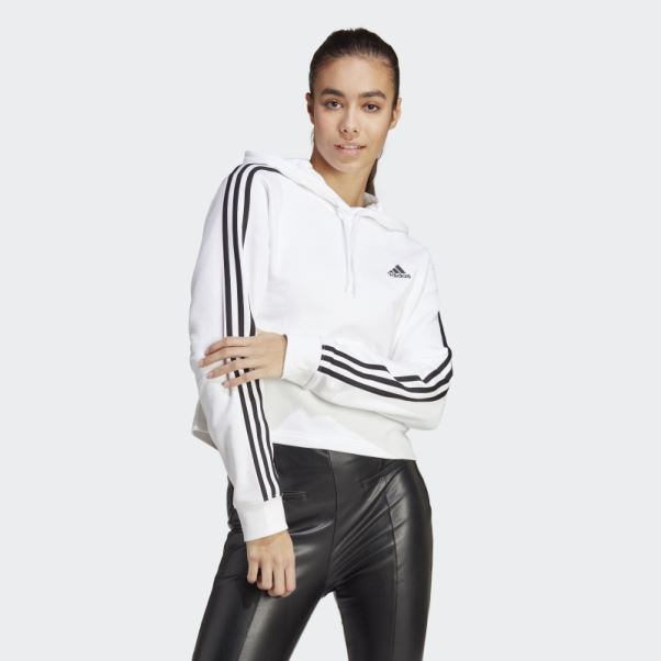 Adidas Essentials 3-stripes French Terry Crop Hoodie Blanc Fashion