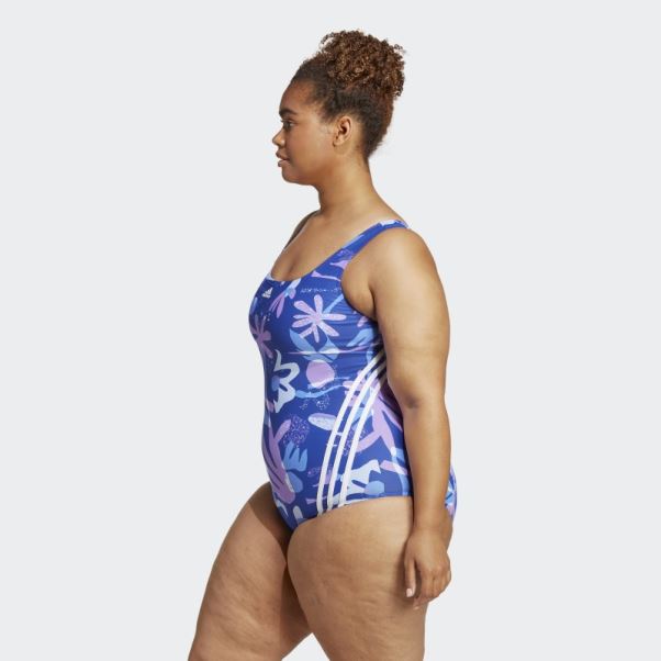 Maillot De Bain Fleuri 3 Bandes (grande Taille) Bleu Adidas