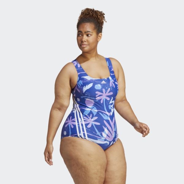 Maillot De Bain Fleuri 3 Bandes (grande Taille) Bleu Adidas