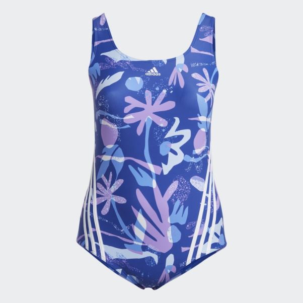 Maillot De Bain Fleuri 3 Bandes (grande Taille) Bleu Adidas