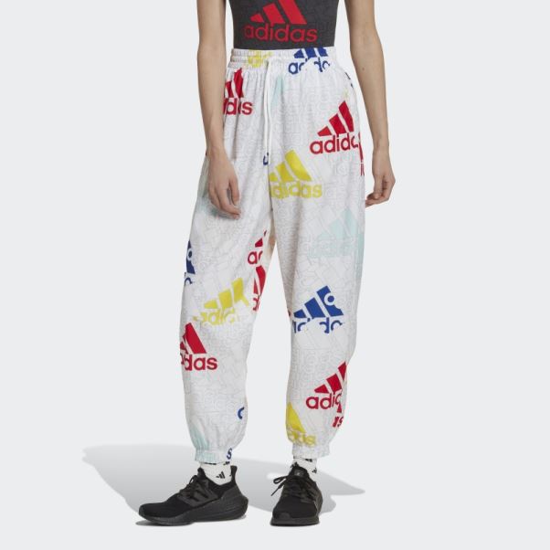 Pantalon Tissé Ample à Logo Multicolore Essentials Adidas Blanc
