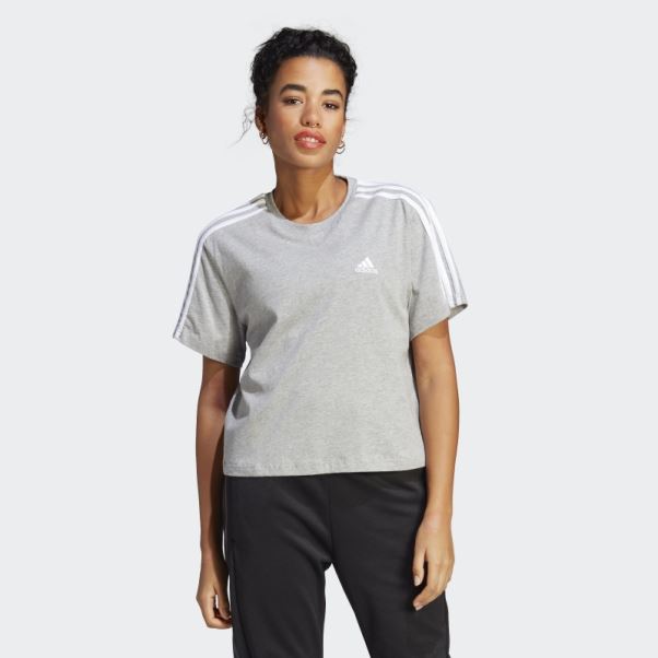 Adidas Crop Top En Jersey Simple à 3 Bandes Essentials Gris Moyen