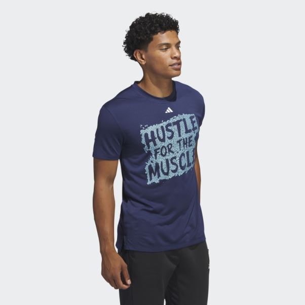 Bleu Foncé Adidas Hustle For The Muscle Aeroready T-shirt D'entraînement Graphique à Manches Courtes