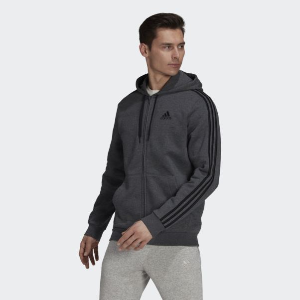 Sweat à Capuche Zippé En Polaire 3 Bandes Essentials Adidas Gris Foncé Chiné