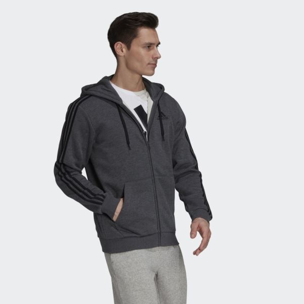 Sweat à Capuche Zippé En Polaire 3 Bandes Essentials Adidas Gris Foncé Chiné