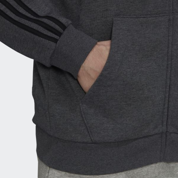 Adidas Sweat à Capuche Zippé Gris Foncé Chiné Essentials Polaire 3 Bandes