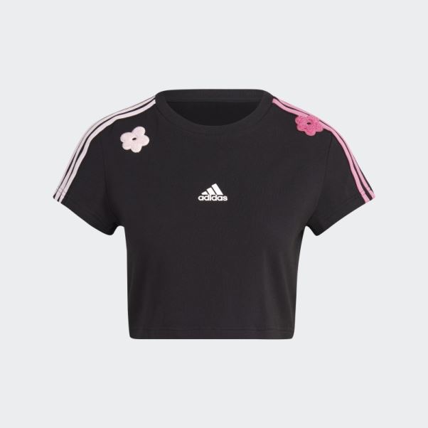 T-shirt Court Adidas Noir à 3 Bandes Avec Patchs De Fleurs En Chenille