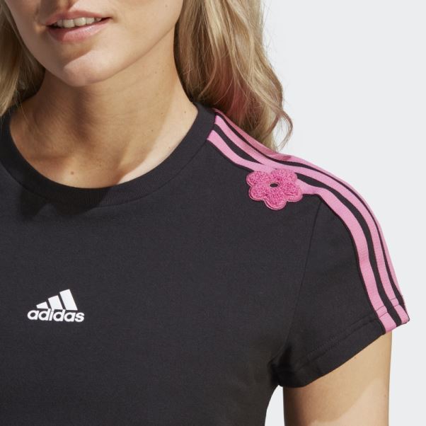 T-shirt Court Adidas Noir à 3 Bandes Avec Patchs De Fleurs En Chenille