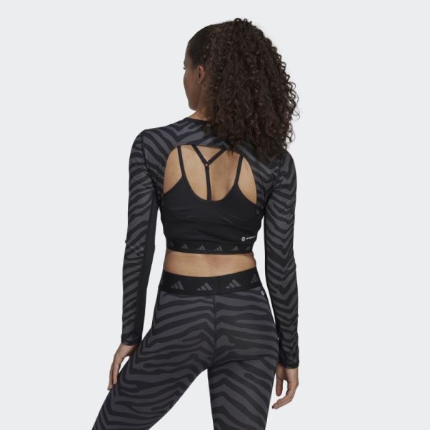 Adidas Hyperglam Techfit Crop Long Sleeve Zebra Tee Noir