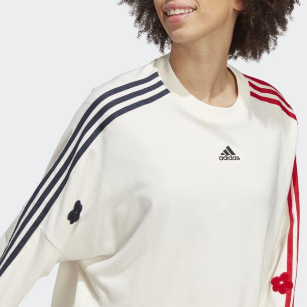 Sweat Adidas Blanc à 3 Bandes Avec Empiècements Fleurs En Chenille