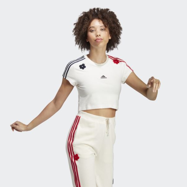 T-shirt Court Blanc à 3 Bandes Avec Patchs De Fleurs En Chenille Adidas