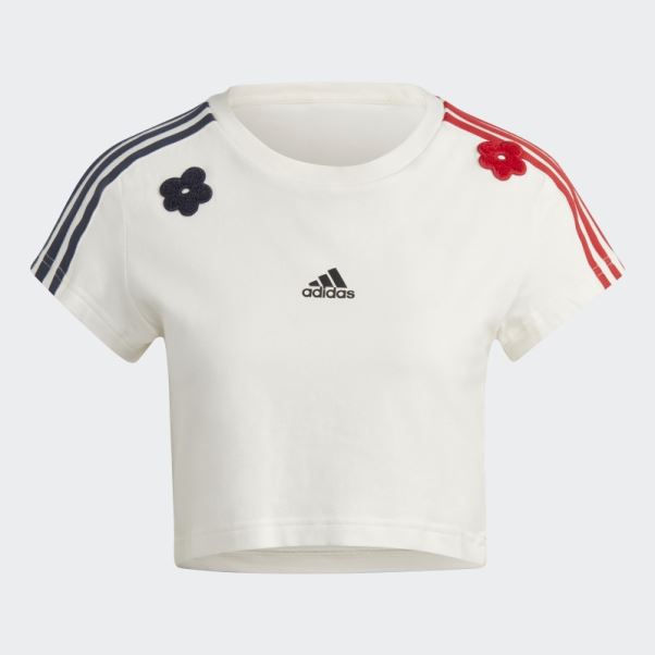 T-shirt Court Blanc à 3 Bandes Avec Patchs De Fleurs En Chenille Adidas