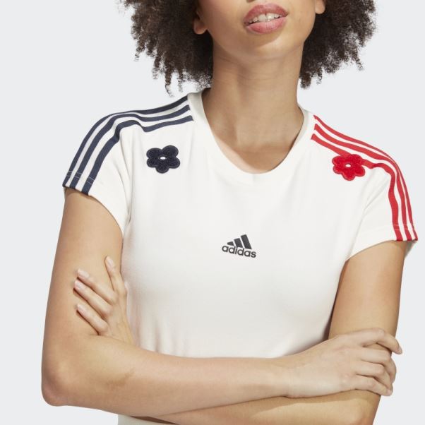 T-shirt Court Blanc à 3 Bandes Avec Patchs De Fleurs En Chenille Adidas