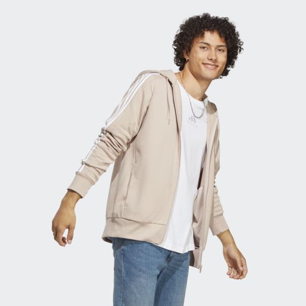 Adidas Taupe Essentials Sweat à Capuche Zippé à 3 Bandes En Tissu éponge Français