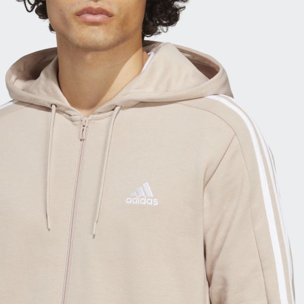 Adidas Taupe Essentials Sweat à Capuche Zippé à 3 Bandes En Tissu éponge Français