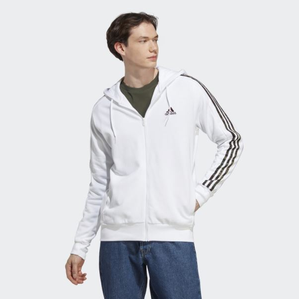 Sweat à Capuche Zippé à 3 Bandes Adidas Essentials French Terry Blanc